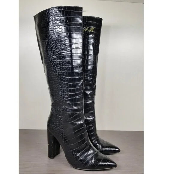 Steve Madden Triumph Croc-Embossed Boots, Black Faux Leather, Womens Size 8 M - Picture 1 of 11